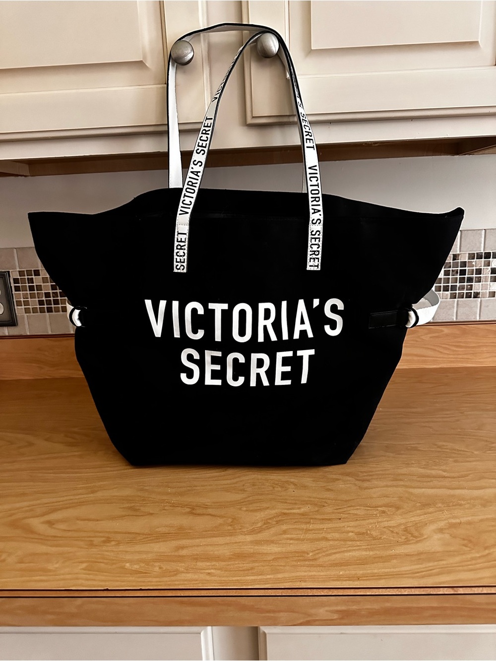 Victoria's Secret Black Tote with White Logo Straps